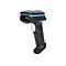 Schwarzer Barcode-Scanner mit blauem Akzent, weißem Auslöser, vor weißem Hintergrund.