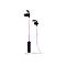 Schwarze In-Ear-Kopfhörer mit rosafarbenem Kabel und Bedienelement vor weißem Hintergrund.