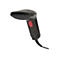 Schwarzer Barcodescanner mit roter Taste und Kabel.