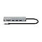 Grauer USB-Hub mit SD-Kartenleser und mehreren USB-Anschlüssen. Schwarzes Kabel mit USB-C-Stecker.