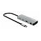 Grauer USB-C Hub mit Anschlüssen. Ein schwarzes Kabel mit USB-C Stecker ist angeschlossen.