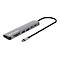 Graues Manhattan-USB-C-Hub mit angeschlossenem Kabel. Anschlüsse: HDMI, USB, SD-Kartenleser.