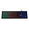Schwarze Manhattan Tastatur mit bunter RGB-Hintergrundbeleuchtung vor neutralem weißem Hintergrund.