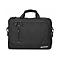 Schwarze Laptoptasche mit Tragegriffen, Reißverschlussfächern und kleinem Manhattan-Logo auf weißem Grund.