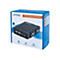 Eine blaue Box mit einem schwarzen 4-Port-KVM-Switch. Auf der Box stehen Produktinformationen, darunter „Manhattan“ und „Life just got easier“.