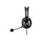 Schwarzes Headset mit Mikrofonarm und Schaumstoff-Windschutz vor weißem Hintergrund.