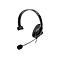 Schwarzes On-Ear-Headset mit einem Ohrpolster, verstellbarem Bügel und einem Mikrofonarm vor weißem Hintergrund.