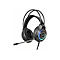 Schwarzes Gaming-Headset mit Mikrofon und farbiger LED-Beleuchtung. Auf weissem Hintergrund.