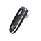 Schwarzes Bluetooth-Headset mit silbernem Akzent und transparentem Ohrstöpsel vor weißem Hintergrund.