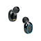 Zwei schwarze In-Ear-Kopfhörer mit blauem Lichtring vor weißem Hintergrund.