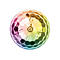 Bunte Disco-Kugel, Facetten in Regenbogenfarben, zentrale Aufhängung, weißer Hintergrund.