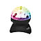 Eine schwarze Disco-Lichtkugel mit facettierter, regenbogenfarbig leuchtender Oberfläche auf einem Standfuß.