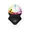 Eine schwarze Disco-Lichtkugel mit facettierter, regenbogenfarbener Kuppel auf schwarzem Standfuß mit Firmenlogo.