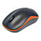 Drahtlose Maus in Schwarz mit orangefarbenen Akzenten. In der Mitte befindet sich ein Scrollrad, oben ein Knopf.