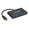 Schwarzer USB-Hub mit 4 USB-AnschlÃ¼ssen und einem USB-C-Anschluss, Manhattan Logo.