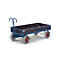 Blue transport cart with four wheels, gray tires, and red hubs. The cargo area is brown.
