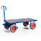 Blue transport cart with gray tires, red rim, wooden floor and a handle.