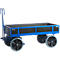 Blue transport cart with black side panels and four wheels, handle.