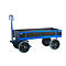 Blue utility cart with black loading area and four wheels, on a white background.
