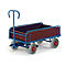 A blue transport cart with four wheels and a red loading area, on a white background.
