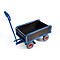 Blue hand cart with black loading area, two wheels and handle, against a white background.