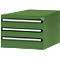 Green tool cabinet with three drawers and silver handles. A lock is on the top right.