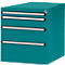 Teal file cabinet with four drawers and silver handles, on a white background.