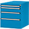 Blue tool cabinet with four drawers, metallic handles and lock.