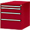 Red, square drawer cabinet. Four drawers with silver handles.