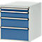 Gray cabinet with blue drawers. Each drawer has a silver handle and a dark border.