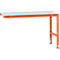 An orange table with a white work surface attached to a wall. It has metal legs.