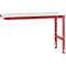 Red work table with white tabletop. Table legs are height-adjustable.