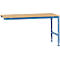 Workbench with wooden top and blue metal frame. One leg of the workbench is cut off.