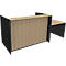 Moderne receptiebalie met houten lamellen voorkant, zwart frame en licht hout op het werkoppervlak.