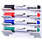 Four colored Legamaster board markers in a white holder. Colors: black, red, blue, green.