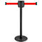 Black barrier post with red strap, metal base, front view.