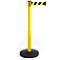 Yellow and black barrier post with retractable belt. Black base and head, yellow column. The belt has diagonal stripes.