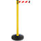 Yellow and black barrier posts with red and white striped belt. On black, round base.