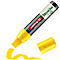 Marqueur de peinture jaune Edding 52 avec bouchon retiré, dessous une coulure de peinture.