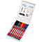 Une boîte ouverte de stylos Edding colorés. Sur le couvercle, un guide sur la façon de remplir et un code QR.