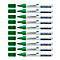 Dix marqueurs pour tableau blanc verts avec des capuchons verts sur fond blanc.
