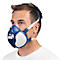 Respirateur avec filtres intégrés dans l'emballage. La conception du masque bleu avec le filtre blanc est visible.