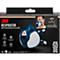 Respirateur 3M bleu et blanc sur l'emballage du produit, un homme avec un masque à droite. Inscription : Respirateur avec filtres intégrés.