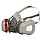 Masque respiratoire gris avec filtres et sangles. Le logo 3M est clairement visible.