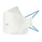 Masque respiratoire blanc, intérieur beige, avec des rayures bleues et des attaches.
