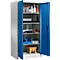 Open blue-grey gereedschapskast. Reinigings- en werkmateriaal staan 