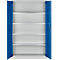 Open stalen kast met blauwe deuren, vijf planken. Er staan geen objecten in de kast.