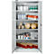 Een open witte kast met diverse items op planken: flessen, containers, rollen, borstels.