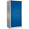 Metalen kast met blauwe deuren en een zilverkleurig frame. De kast heeft twee deuren met een kleine zwarte handgreep.
