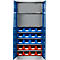 Open metalen kast met blauwe deuren, gevuld met blauwe en rode opslagbakken op planken.